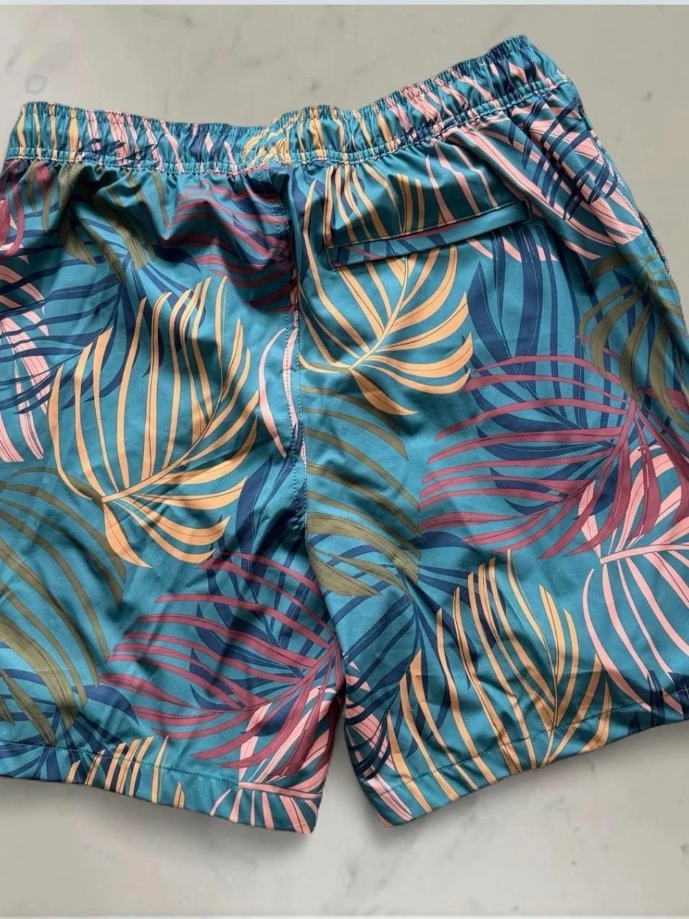 Goodfellow & Co Teal Tropical Palm Print Swim Trunks with Pink & Gold Accents